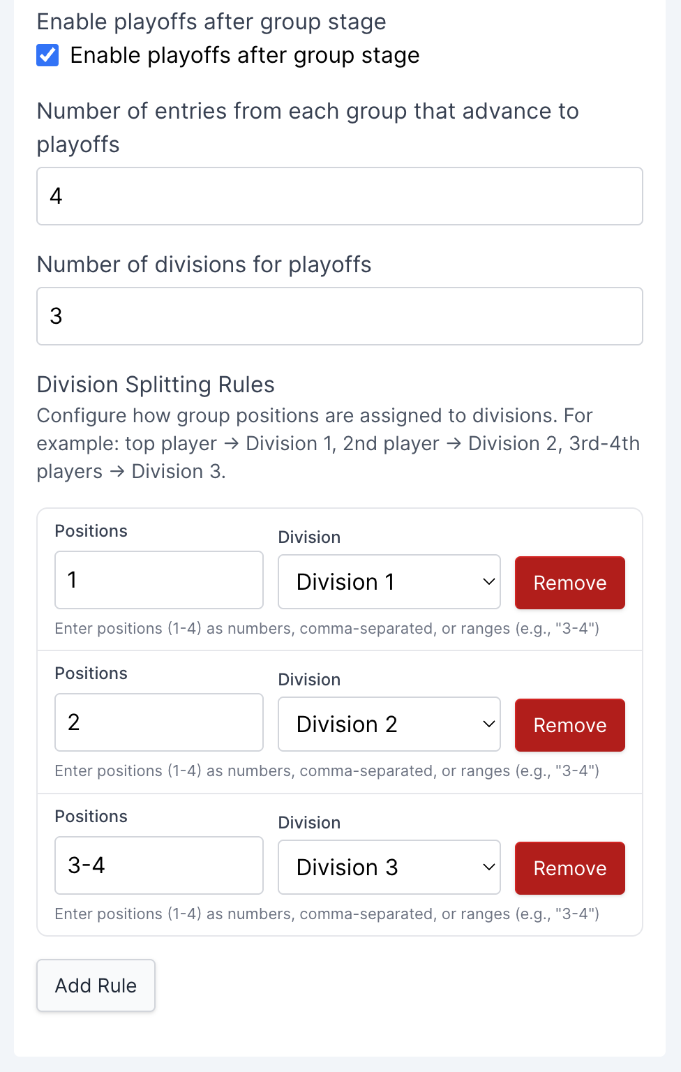 Division splitting rules configuration interface